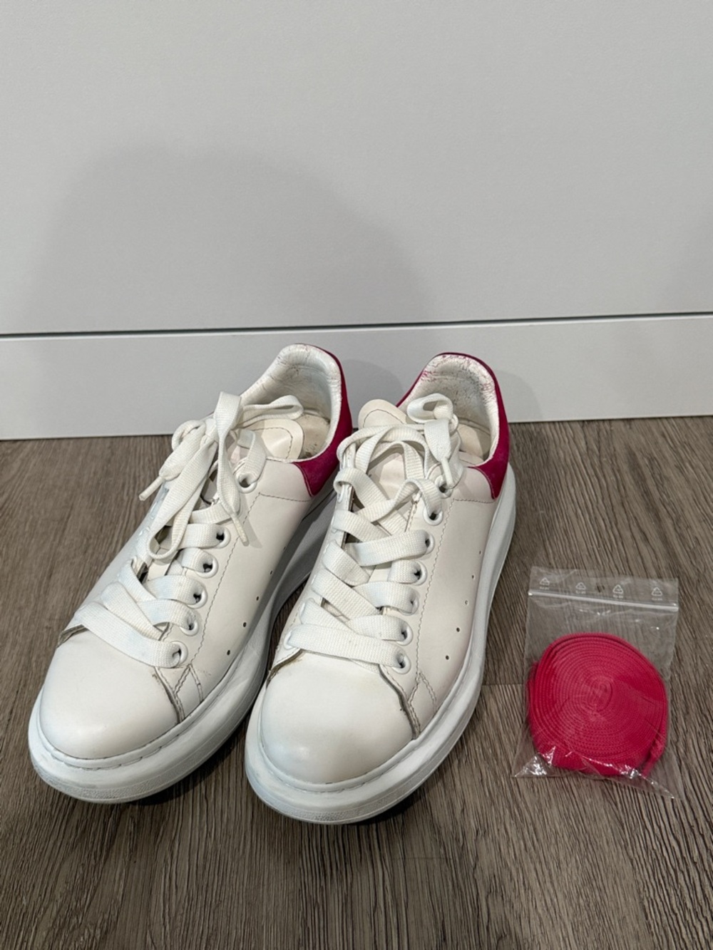 Alexander McQueen White Leather Sneakers with Pink Heel Collar
